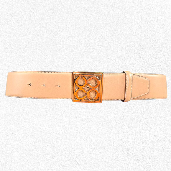 Coach Sig C Pierced Belt 90110 Tan Beige Gold Square Buckle Leather Size Medium - Picture 1 of 10